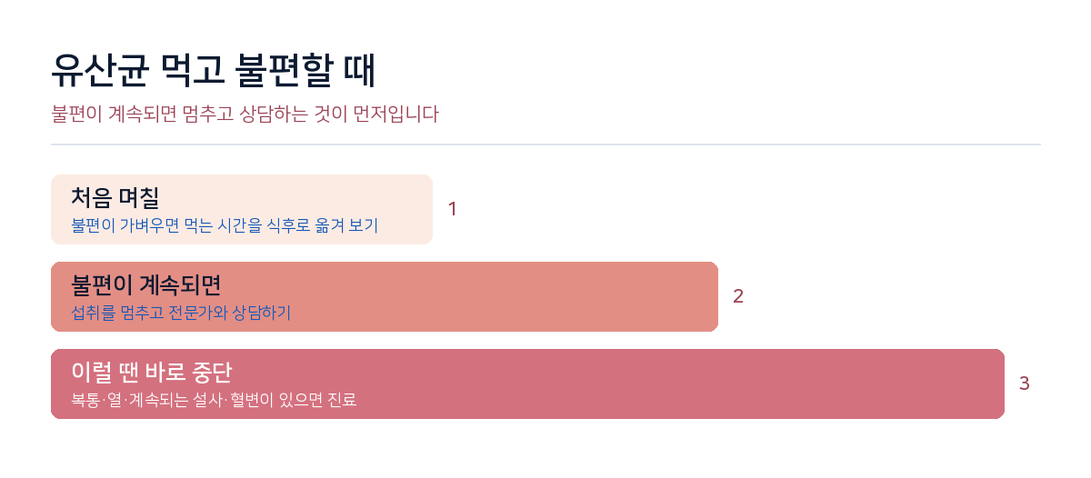 불편이 계속되면 멈추고 상담하는 것이 먼저입니다.